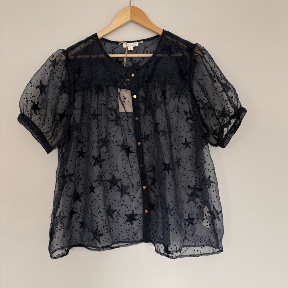 Anthropologie Let Me Be Sheer Navy Blue Velvet Star Pattern Puff Sleeve Blouse